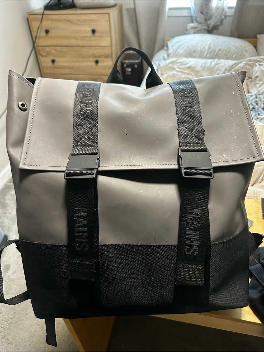 Rains Gray and Black Roll-Top Backpack